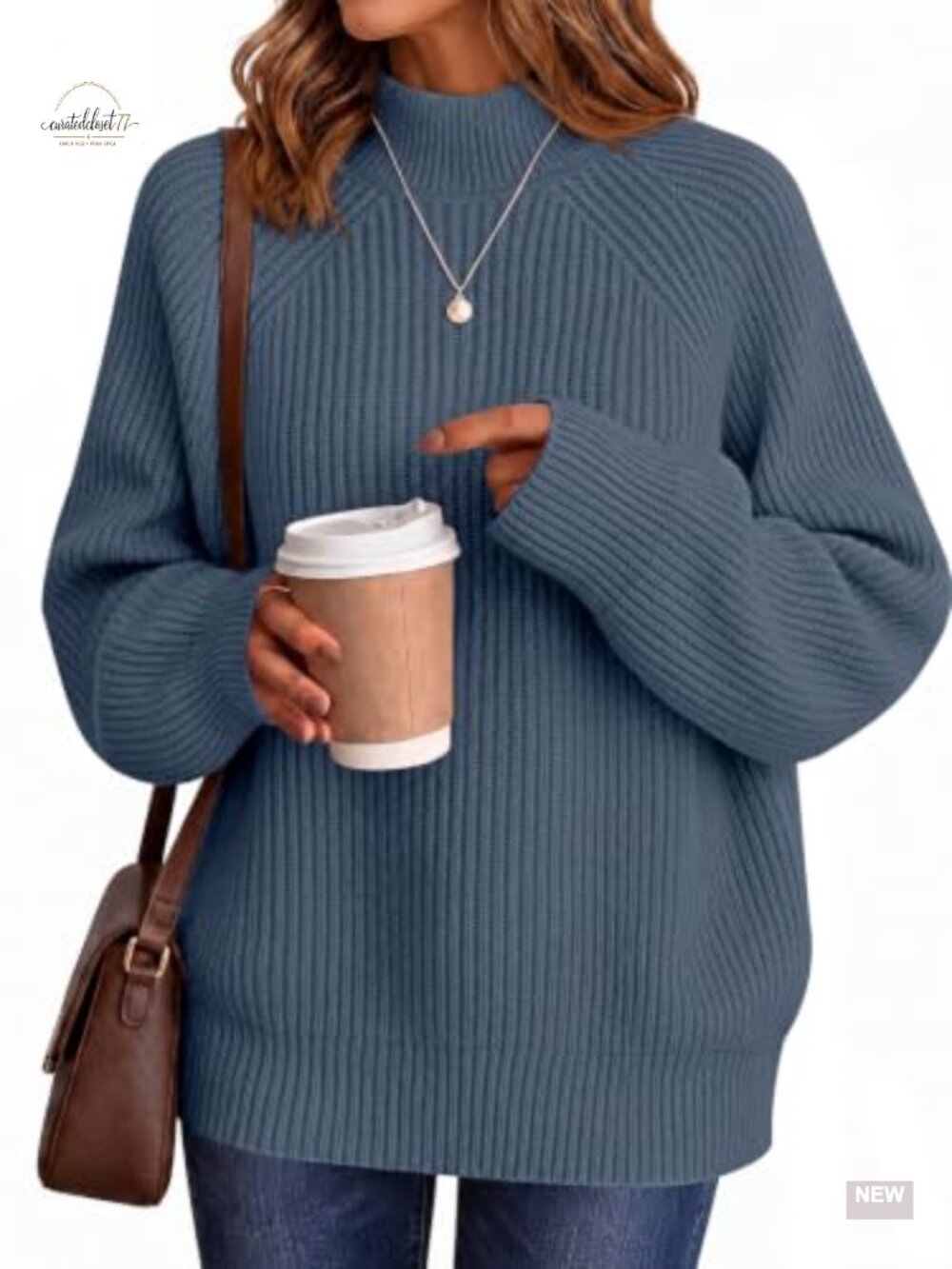 High Neck Oversized Slouchy Knit Pullover Sweater Lantern Sleeve